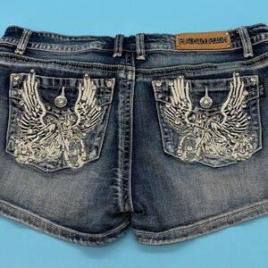 Platinum Plush Micro Denim Shorts Embellished Motorcycle Angel Wings Size XL